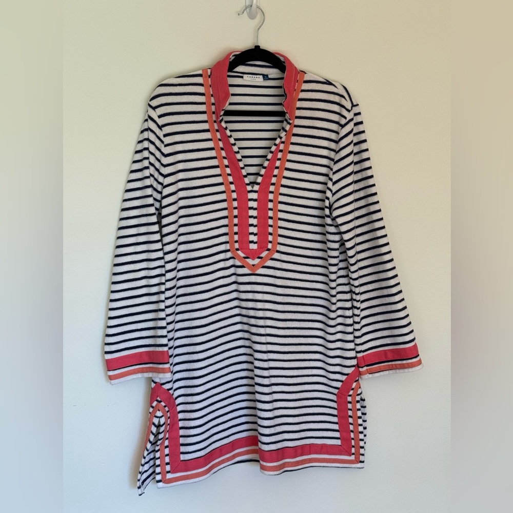 Cabana Life Navy and White Striped Coverup with Coral Trim